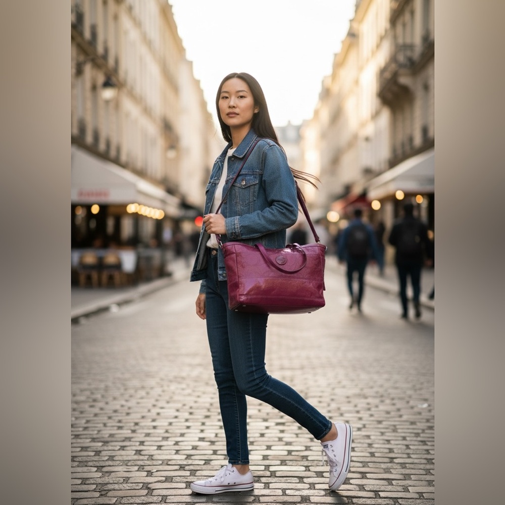 Coach Signature Embroidered Berry Leather Shoulder‎ Bag Tote F15142